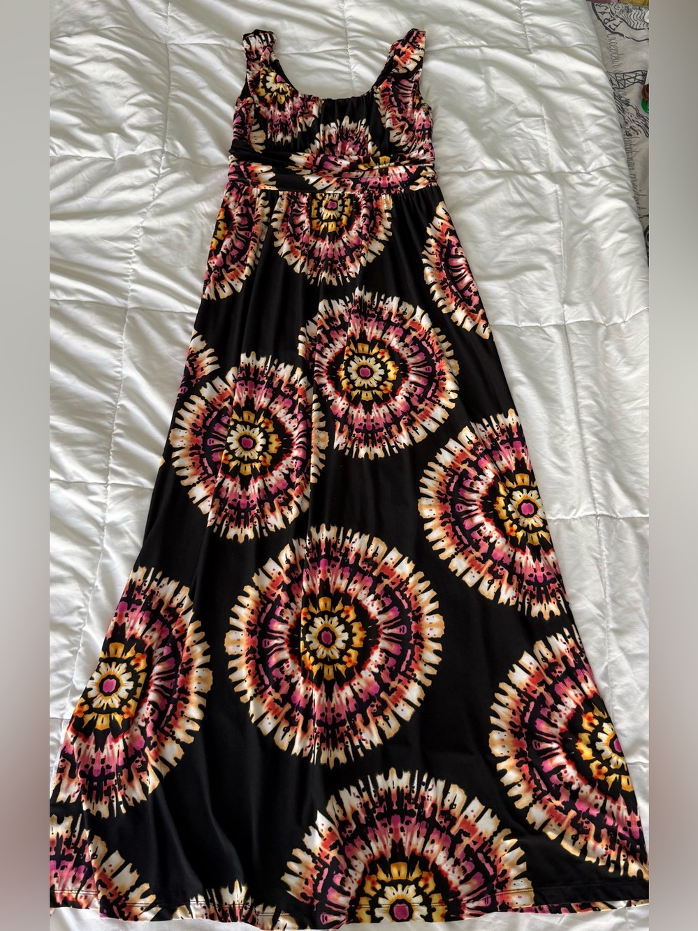 AB Studio Black Maxi Dress with Pink, Cream and Yellow Medallion Print